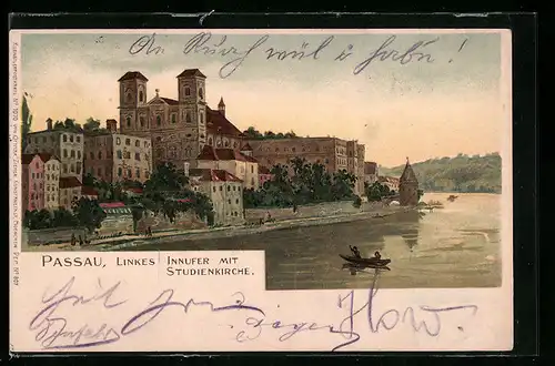 Lithographie Passau, linkes Innufer mit Studienkirche