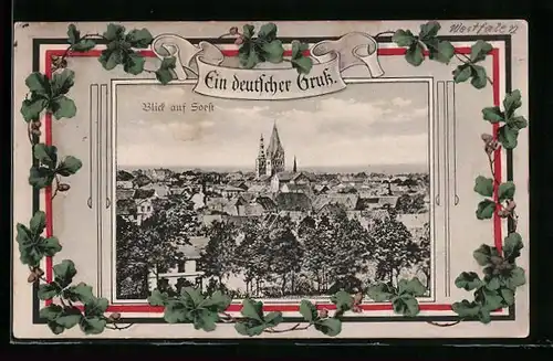 AK Soest, Ortsansicht mit Eichenblatt-Rahmen