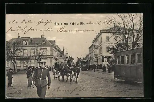 AK Kehl a. Rh., Pferdekutsche nebst Strassenbahn