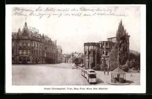 AK Trier, Strassenansicht mit Hotel Christophel und Strassenbahn