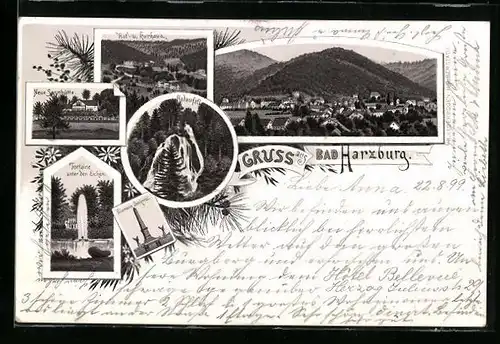 Lithographie Bad Harzburg, Hof- und Kurhaus, Neue Sennhütte, Bismarck Denkmal