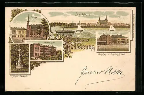 Lithographie Rendsburg, Ortsansicht mit Post, Bahnhof u. Bahnhofshotel