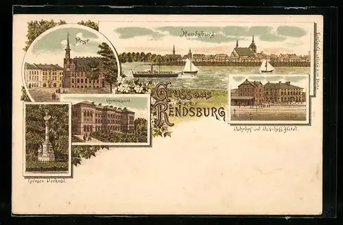 Lithographie Rendsburg, Ortsansicht, Bahnhof u. Bahnhofs-Hotel, Gymnasium
