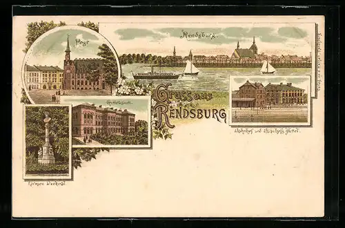Lithographie Rendsburg, Post, Bahnhof und Bahnhofs-Hotel, Gymnasium