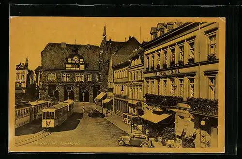 AK Minden i. W., Strassenbahn vor dem Viktoria-Hotel am Markt