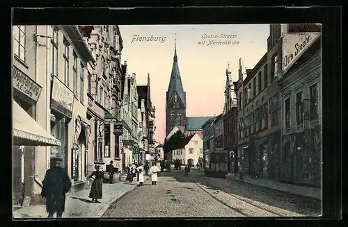 AK Flensburg, Grosse Strasse mit Marienkirche und Strassenbahn