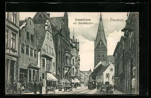 AK Flensburg, Grosse Strasse mit Marienkirche und Pferdebahn