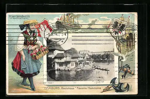 Passepartout-Lithographie Hamburg-Rotherbaum, Bootshaus Favorite Hammonia und Vierländerin in Tracht