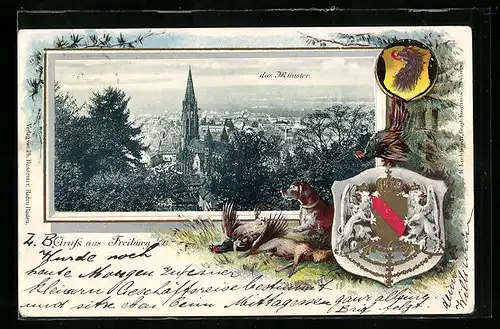 Passepartout-Lithographie Freiburg i. B., Das Münster mit Wappen