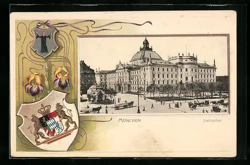 Passepartout-Lithographie München, Justizpalast, Wappen