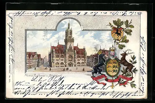 Passepartout-Lithographie Stuttgart, Neues Rathaus mit Wappen