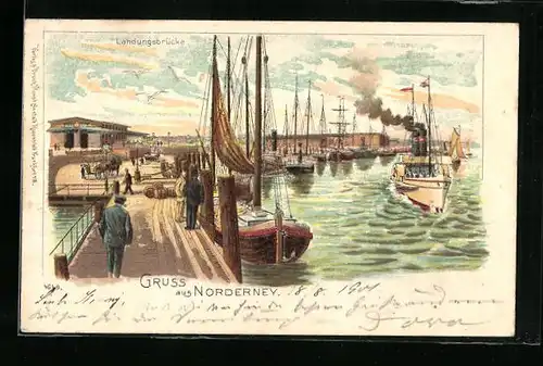 Lithographie Norderney, Landungsbrücke im Hafen