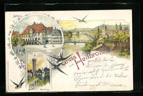 Lithographie Heilbronn, Ortsansicht, Rathaus und Wartberg