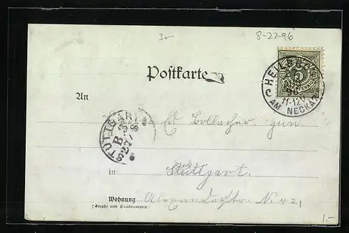 Lithographie Heilbronn, Ortsansicht, Rathaus und Wartberg