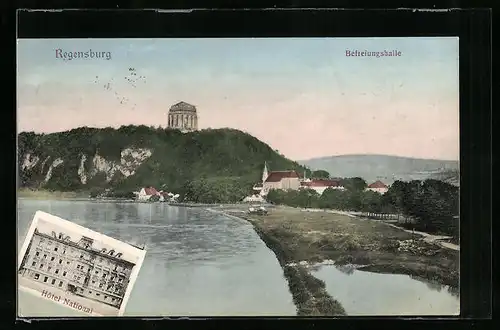 AK Regensburg, Hotel National und Blick auf die Befreiungshalle