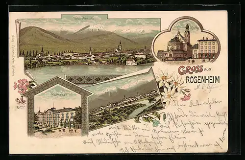 Lithographie Rosenheim, Ortsansicht mit Kaiserbad und Kirche