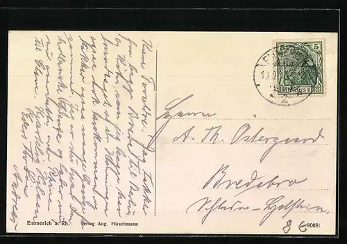 AK Emmerich a. Rh., Frachtschiff vor Ortspanorama