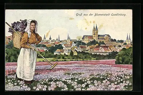 Künstler-AK Quedlinburg, Ortsansicht mit Blumenernte