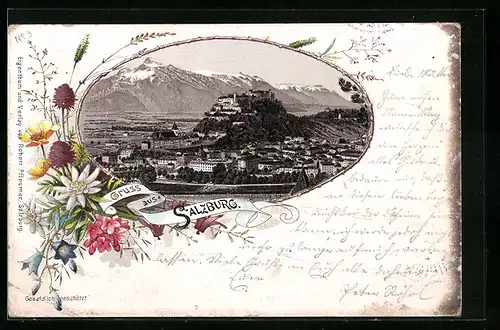 Vorläufer-Lithographie Salzburg, 1894, Panoramablick auf die Stadt, Bunter Strauss Alpenblumen