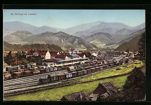 AK St. Michael ob Leoben, Bahnhof mit Ortsansicht, Eisenbahn
