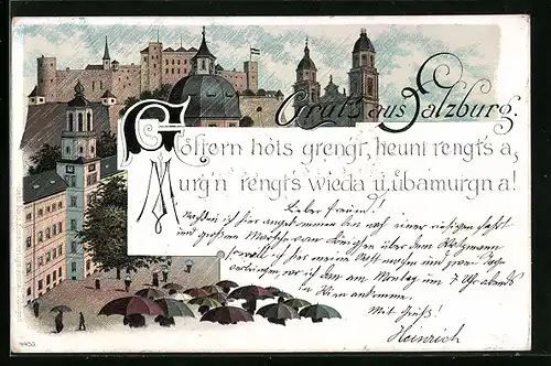 Lithographie Salzburg, Stadtansicht mit Schloss und Kirche bei Regen