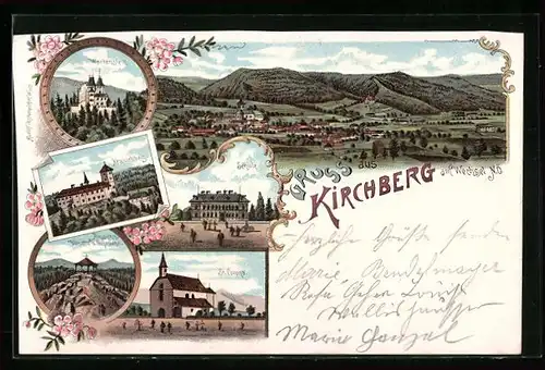 Lithographie Kirchberg am Wechsel, Wartenstein, Kranichberg, Schule, Aussichtsglkoriette auf dem Wolfenkogel, St. Corona