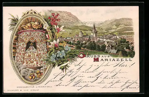 Vorläufer-Lithographie Mariazell, 1895, Ortsansicht mit Gebirge, Gnadenmutter
