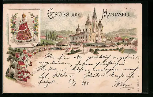 Vorläufer-Lithographie Mariazell, 1894, Prozession an der Wallfahrtskirche, Gnaden-Mutter