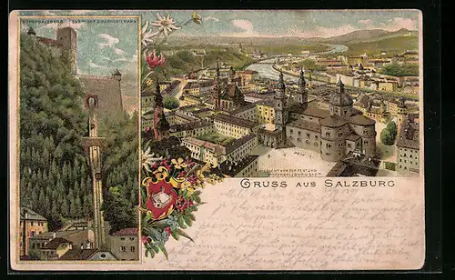 Vorläufer-Lithographie Salzburg, 1894, Hohensalzburg mit Drahtseilbahn, Aussicht von der Festung