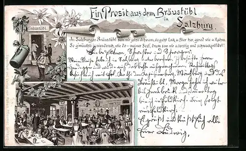 Vorläufer-Lithographie Salzburg, 1894, Gasthaus Bräustübl, Innenansicht, Eingang