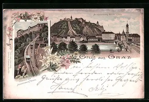 Vorläufer-Lithographie Graz, 1895, Schlossberg-Bahn, Stadtansicht mit Schlossberg
