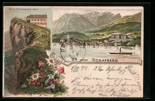 Vorläufer-Lithographie Schafberg, 1894, Hotel auf dem Gipfel, Panorama