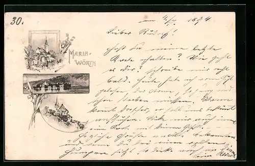 Vorläufer-Lithographie Maria-Wörth, 1894, Kirche, Panorama mit See