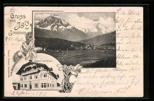 AK Igls, Gasthof zum Altwirt, Ortsansicht gegen Serles und Habicht