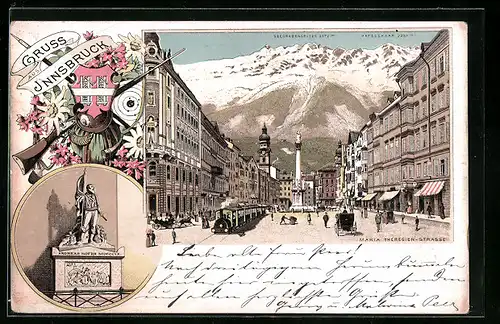 Lithographie Innsbruck, Maria Theresien-Strasse gegen Seegrabenspitze, Hofer-Denkmal