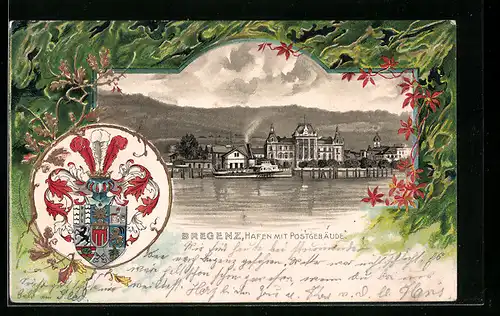 Präge-Lithographie Bregenz, Hafen mit Postgebäude, Wappen
