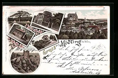 Lithographie Mödling bei Wien, Husarentempel, Breite Föhre, Kursalon, Schwarzer Turm