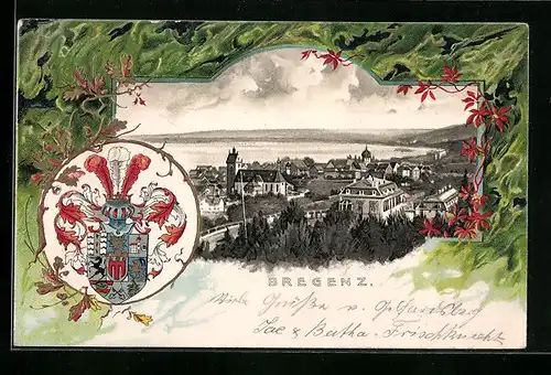 Lithographie Bregenz, Teilansicht aus der Vogelschau, Wappen