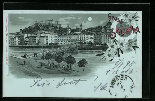 Mondschein-Lithographie Salzburg, Blick über die Stadtbrücke auf Hohensalzburg