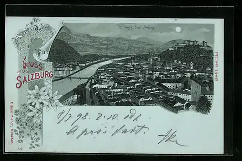 Mondschein-Lithographie Salzburg, Stadt vom electrischen Aufzug betrachtet