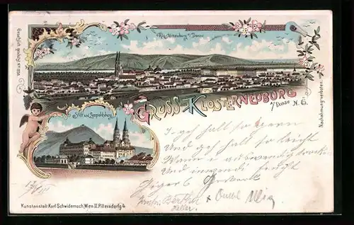 Lithographie Klosterneuburg, Panorama & Stift u. Leopoldsberg