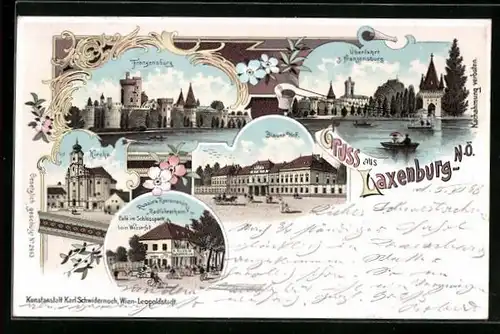 Lithographie Laxenburg, Russins Restaurant, Blauer Hof, Franzensburg