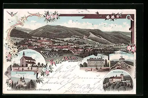 Lithographie Kirchberg am Wechsel, St. Corona Kirche, Schule, Kranichberg