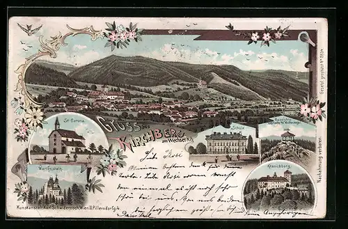 Lithographie Kirchberg am Wechsel, St. Corona Kirche, Schule, Kranichberg