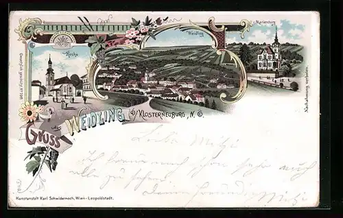 Lithographie Weidling b. Klosterneuburg, Kirche, Marienburg, Ortsansicht