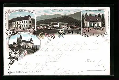 Lithographie Raach a. Hochgebirge, Schloss Wartenstein und Hotel zur schönen Aussicht