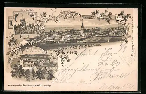 Lithographie Königstetten, Reconvalescenten-Heim, Tulbingers Kogel-Warte, Ortsansicht