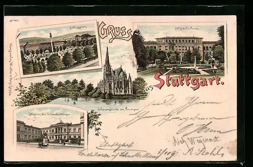 Lithographie Stuttgart, Schlossplatz, Johanneskirche am Feuersee, Polytechnikum