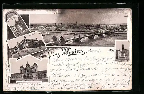 Lithographie Mainz, Stadthalle, Centralbahnhof, Schiller-Denkmal