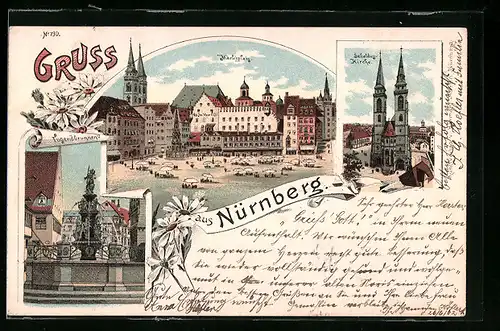 Lithographie Nürnberg, Marktplatz, Sebaldus-Kirche, Tugendbrunnen